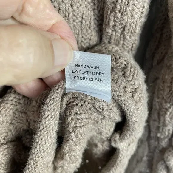 Burgess Cashmere Blend Cable Knit Sweater Women M Tan Soft Funnel Neck Fisherman - Picture 9 of 9